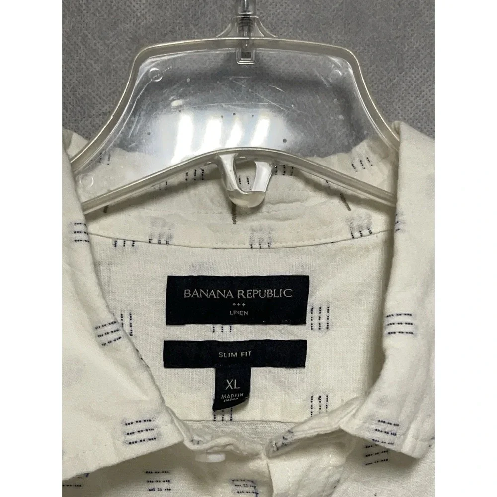 Banana Republic Shirt Men's XL Cream Linen Cotton Button Up Geometric AOP Preppy
